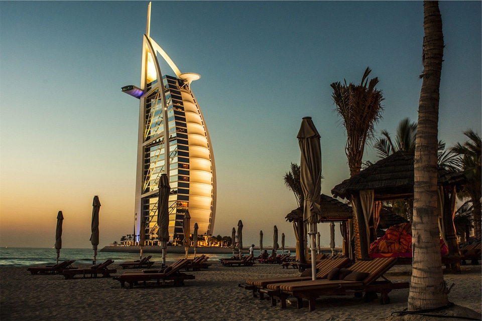 Burj Al Arab Jumeirah at sunset in Dubai, United Arab Emirates, UAE