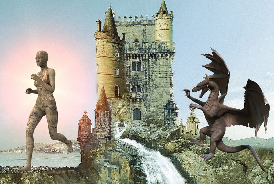 Monster Dragon Attacking Castle with Giant running away