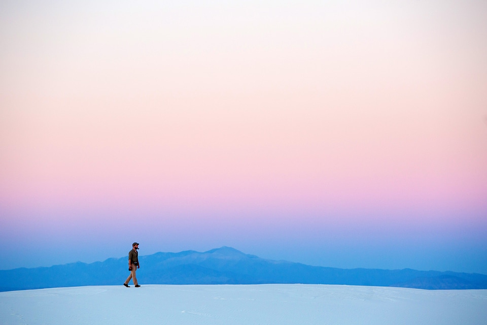 Person walking on the white sands landscape, New Mexico, Landscape