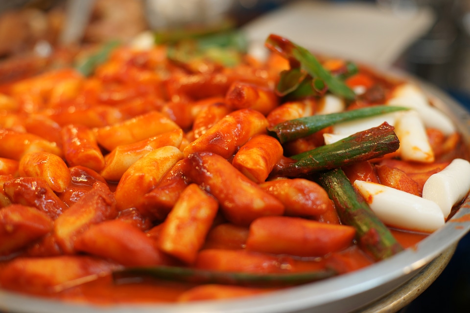 Tteokbokki, rice cakes with spicy gochujang sauce in South Korea