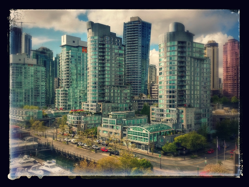 Painting of towers and skyscrapers in Vancouver, British Columbia, Canada