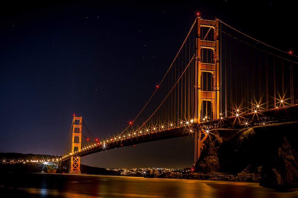 Golden Gate Bridge over the bay at night illuminated in Gold in San Francisco, California photo