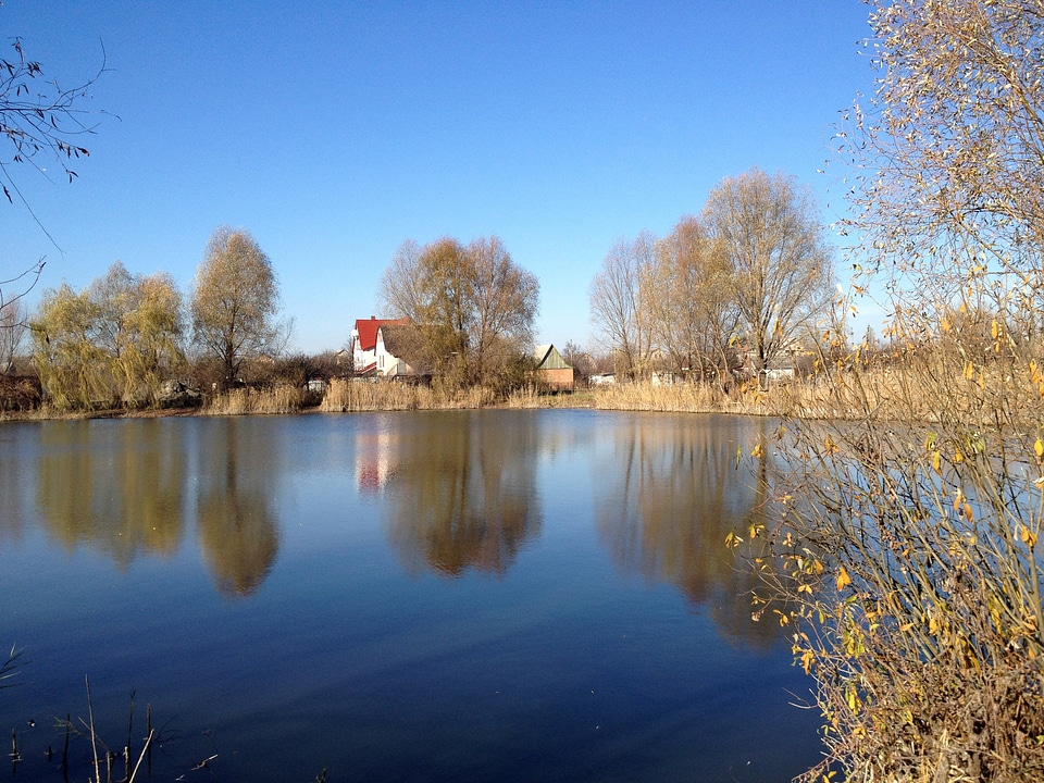 Pond and Houses landscape in Ukraine