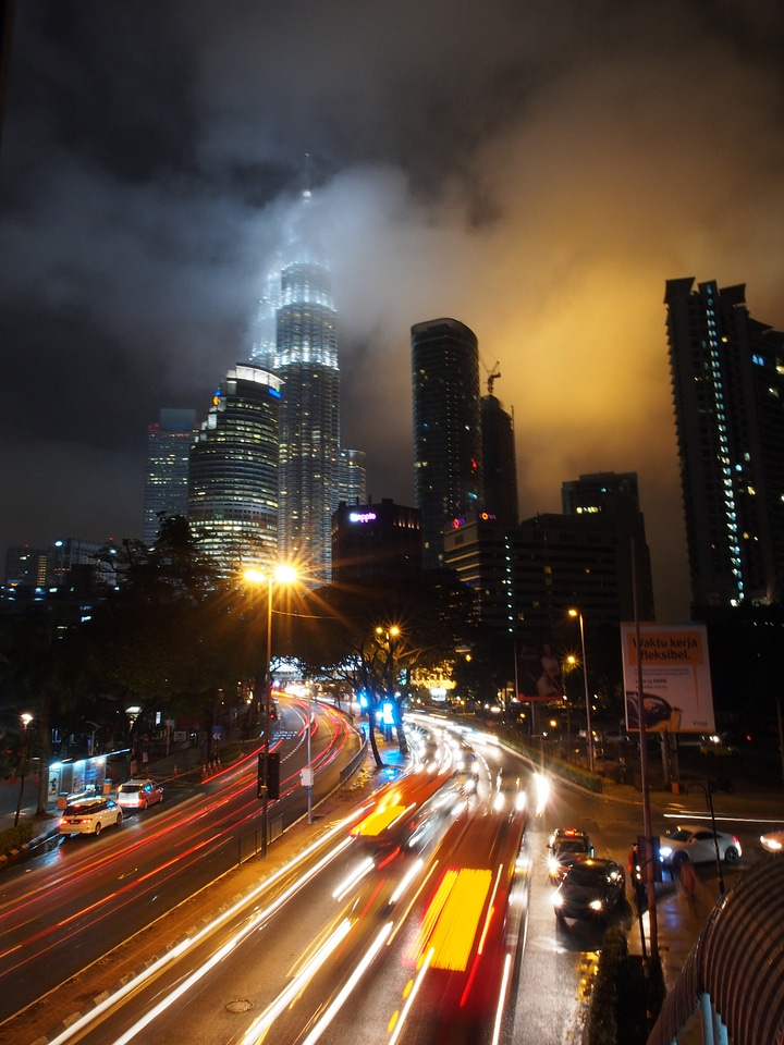 Nighttime tower and streets in Kuala Lumpur, Malaysia
