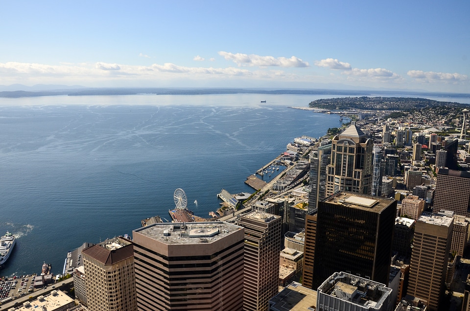 Skyline on the coastline with skyscrapers of Seattle, Washington