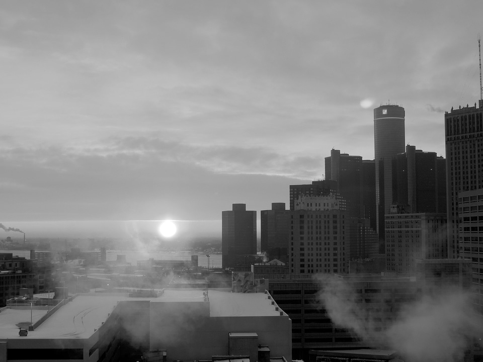 Black and White Cityscape and buildings in Detroit, Michigan