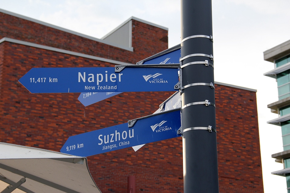 Street sign of sister cities in Victoria, British Columbia, Canada