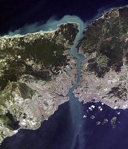 Satellite view of Istanbul and the Bosphorus strait in Turkey photo