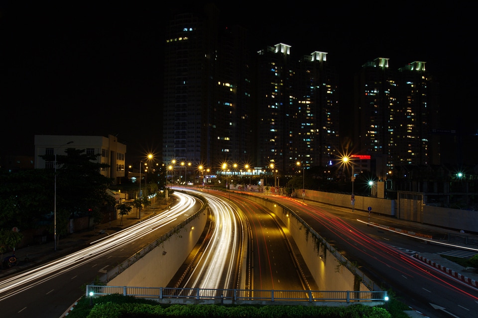 Saigon at night with lights and highways in Vietnam