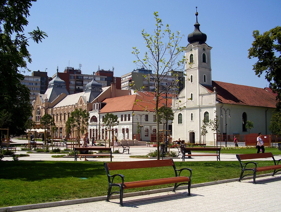 Main Square with buildings in Godollo, Hungary