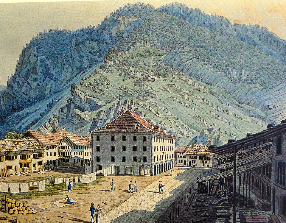 Print of Unterseen in 1819 hills and town