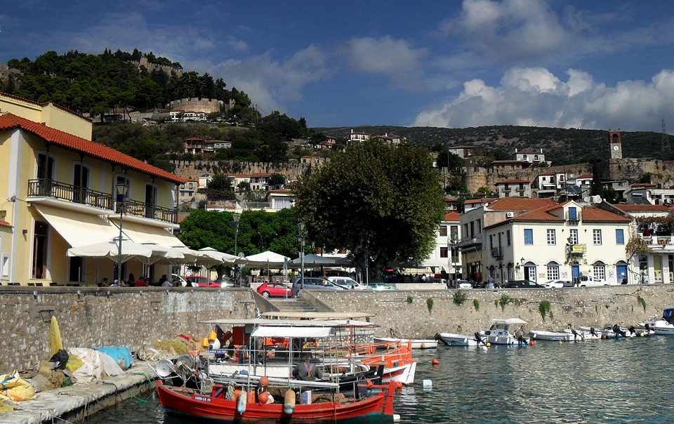 View from the port towards the fortress in Nafpaktos, Greece