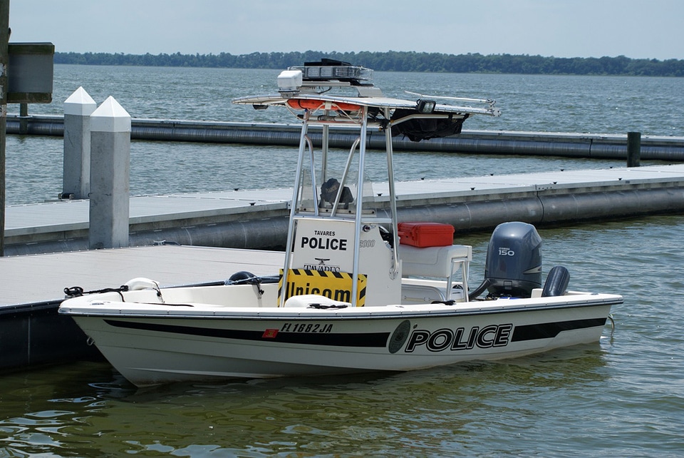 Police boat at the dock at Tavares, Florida