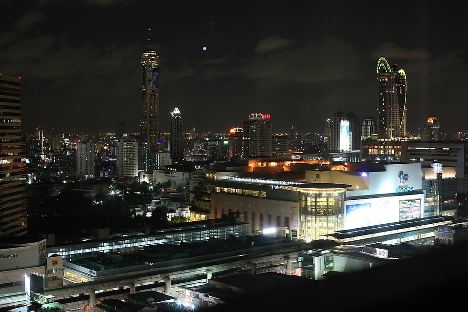 Night view of the Siam Square area in Bangkok, Thailand photo