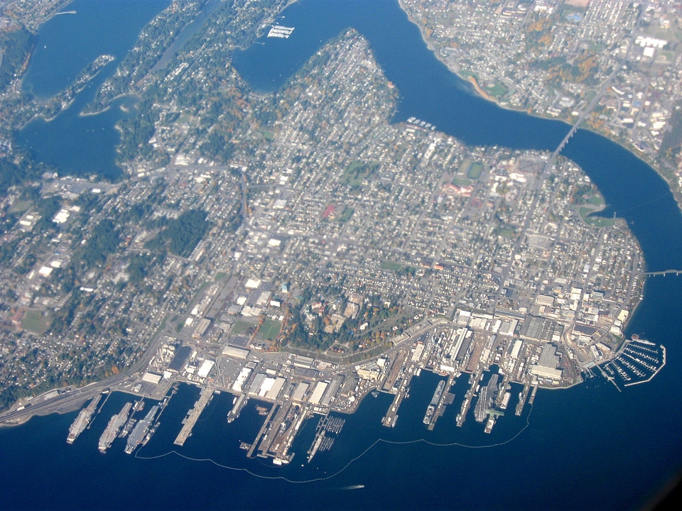 Aerial view of the city with Puget Sound Naval Shipyard in Washington