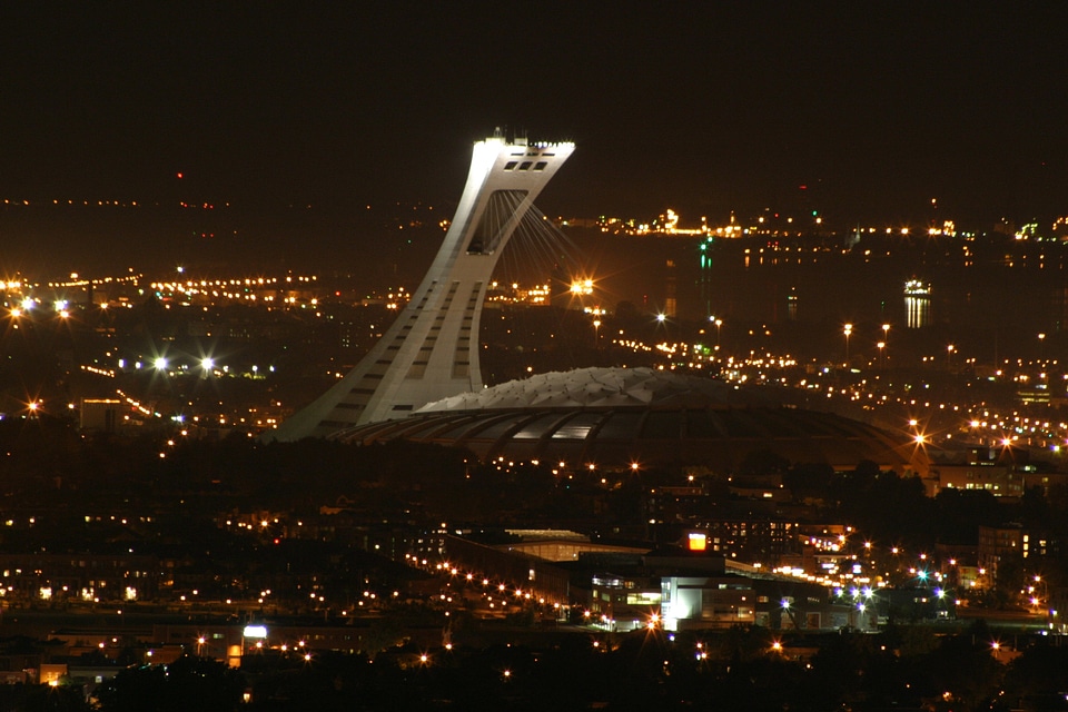 Aerial view at night of the stadium in Montreal, Quebec, Canada