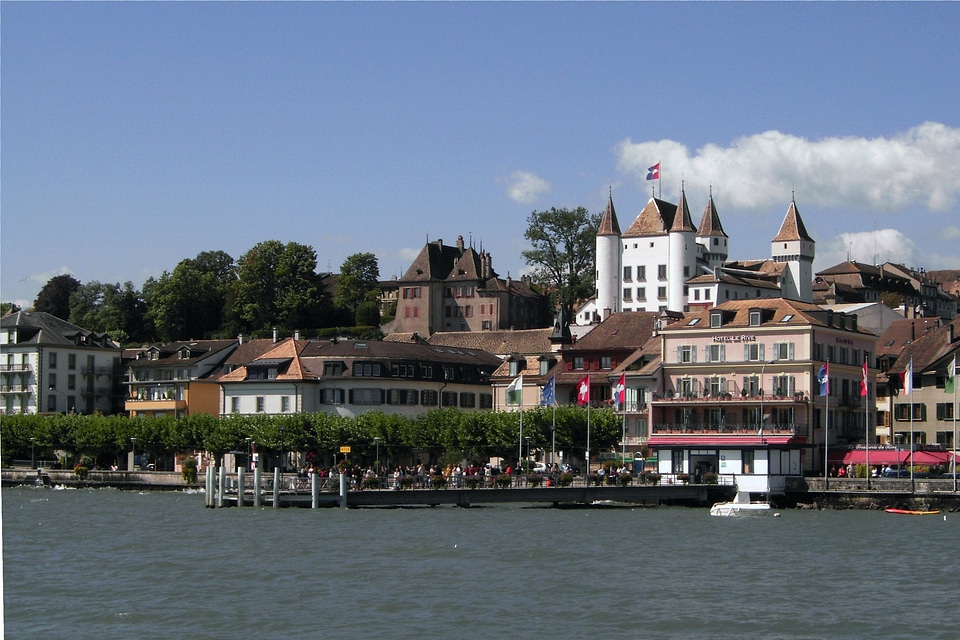 Shoreline Buildings with castle in Nyon, Switzerland