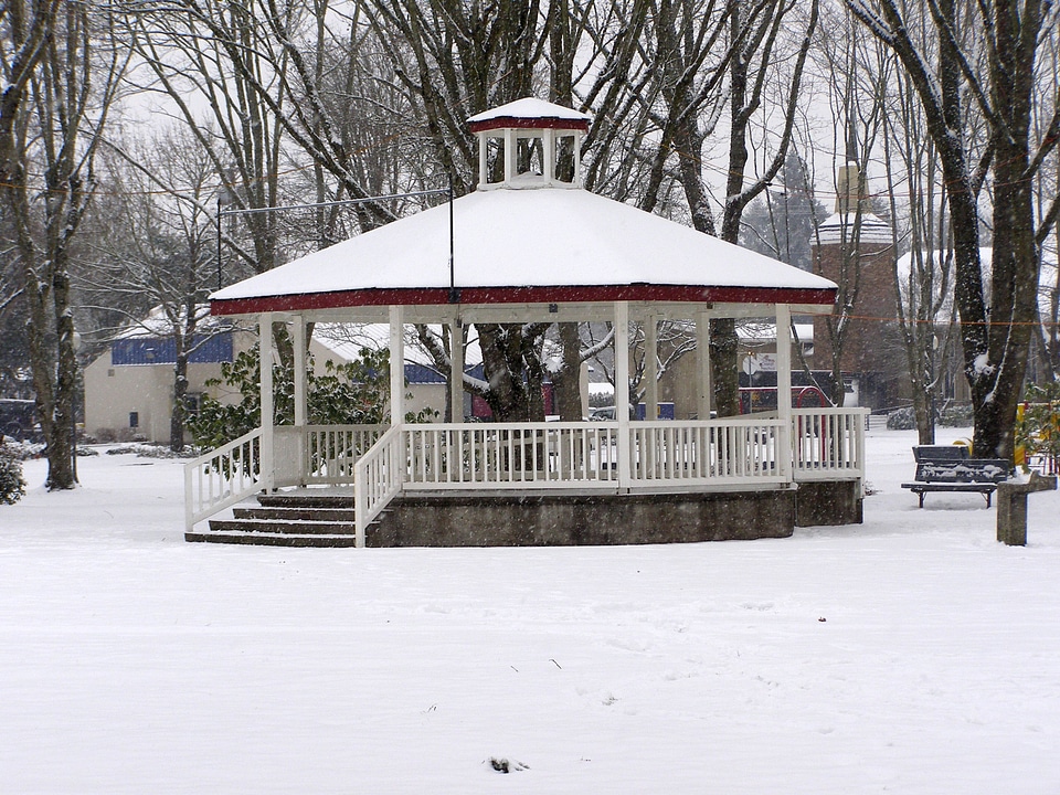 Gazebo in Wait Park on a rare snowy day in Canby, Oregon
