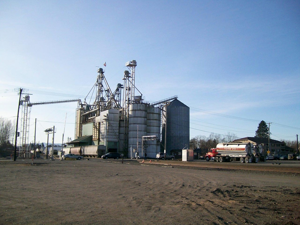 Grain storage and rail line in Ferndale, Washington