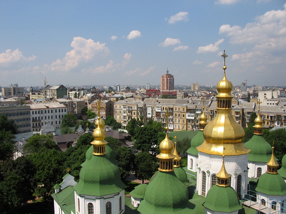 Cityscape view from Bell tower with cathedral in Kiev, Ukraine