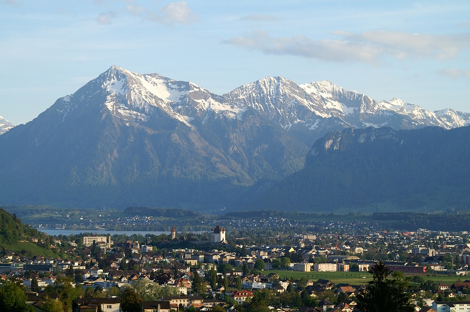 High Mountains Behind the City in Steffisburg, Switzerland
