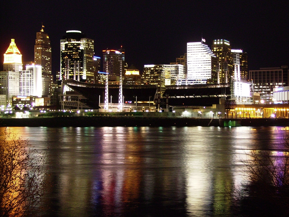 Cincinnati Skyline at night with lights in Ohio