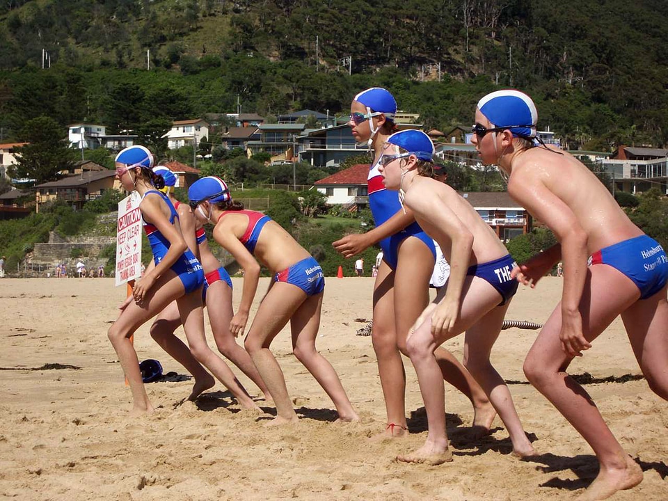 Nippers at start position before their swim at Stanwell Park beach in Wollongong, New South Wales, Australia