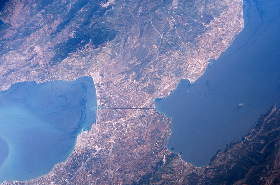 Isthmus of Corinth from space in Greece