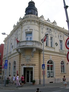 Downtown street corner and building in Zalaegerszeg, Hungary photo