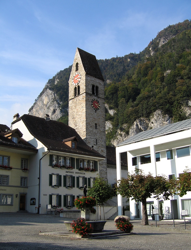 Unterseen town square and village church in Switzerland