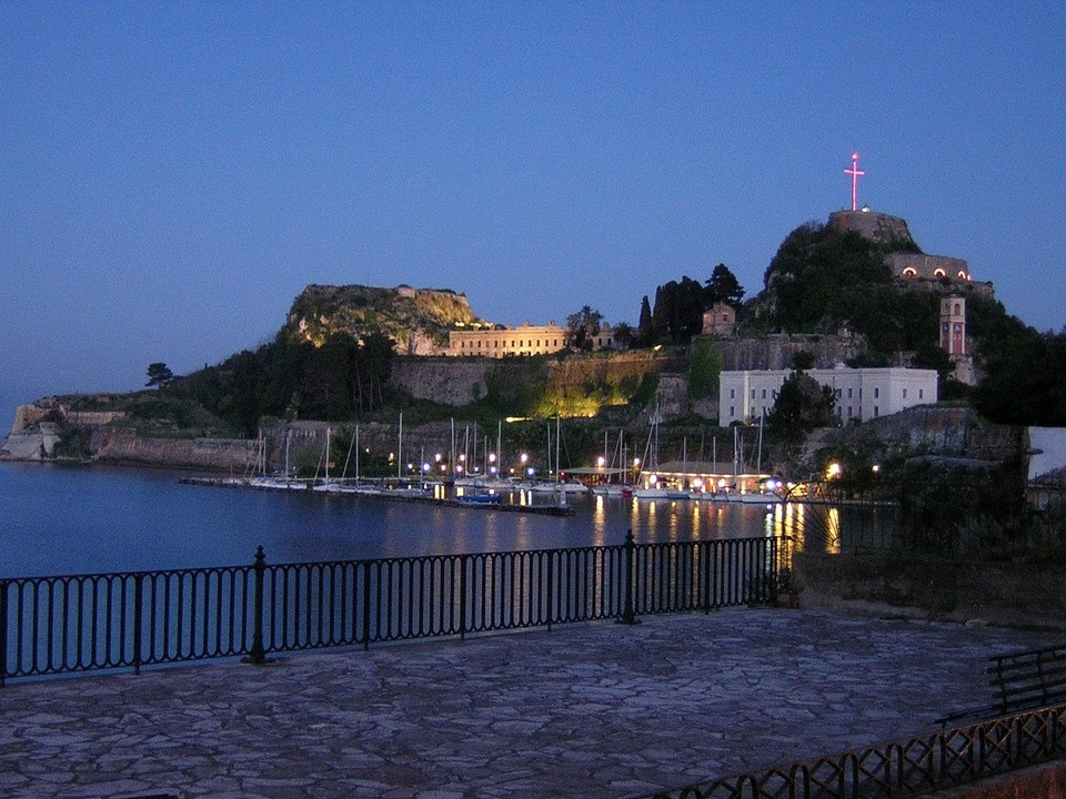 The northern side of the Venetian Old Fortress at night in Corfu, Greece