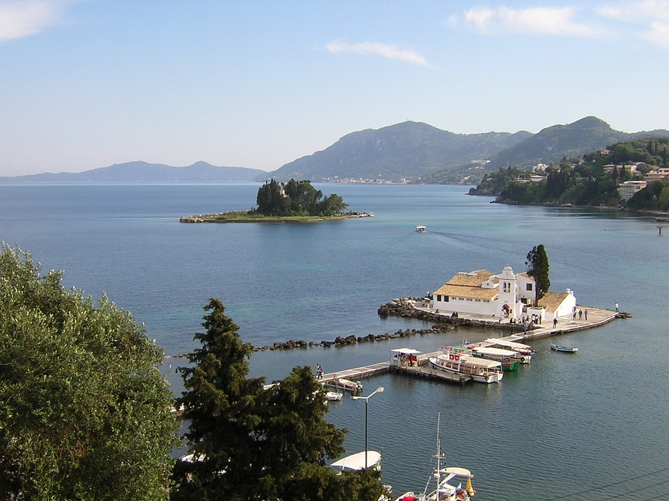Pontikonisi and Vlacherna Monastery seen from the hilltops of Kanoni in Corfu, Greece