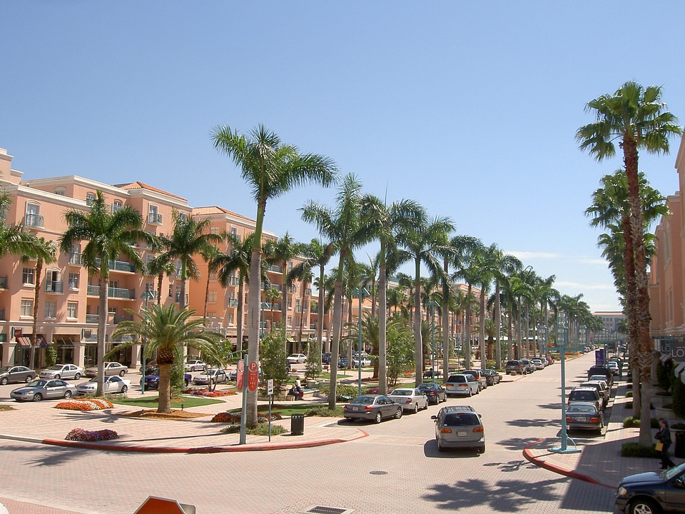 Mizner Park with palm trees in Boca Raton, Florida