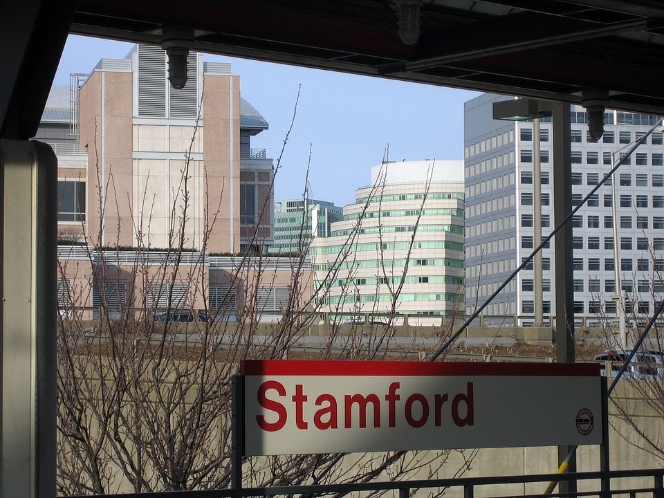 View of Downtown Stamford from under a bridge