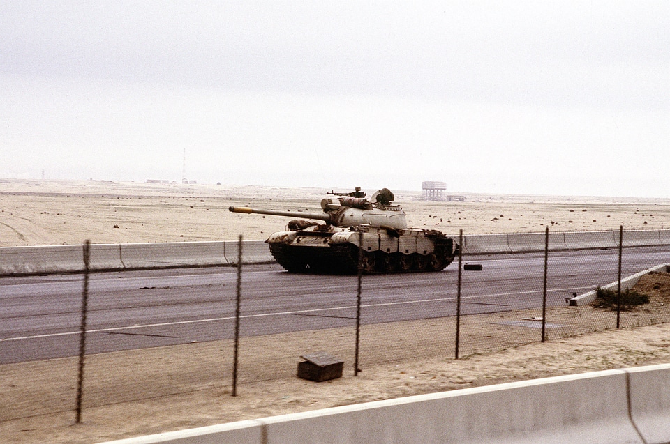 Iraqi Type 69 tank on the road into Kuwait City during the Gulf War