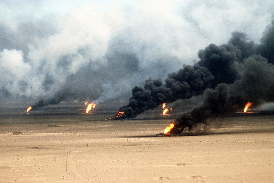Oil well fires rage outside Kuwait City in 1991 in the Gulf War