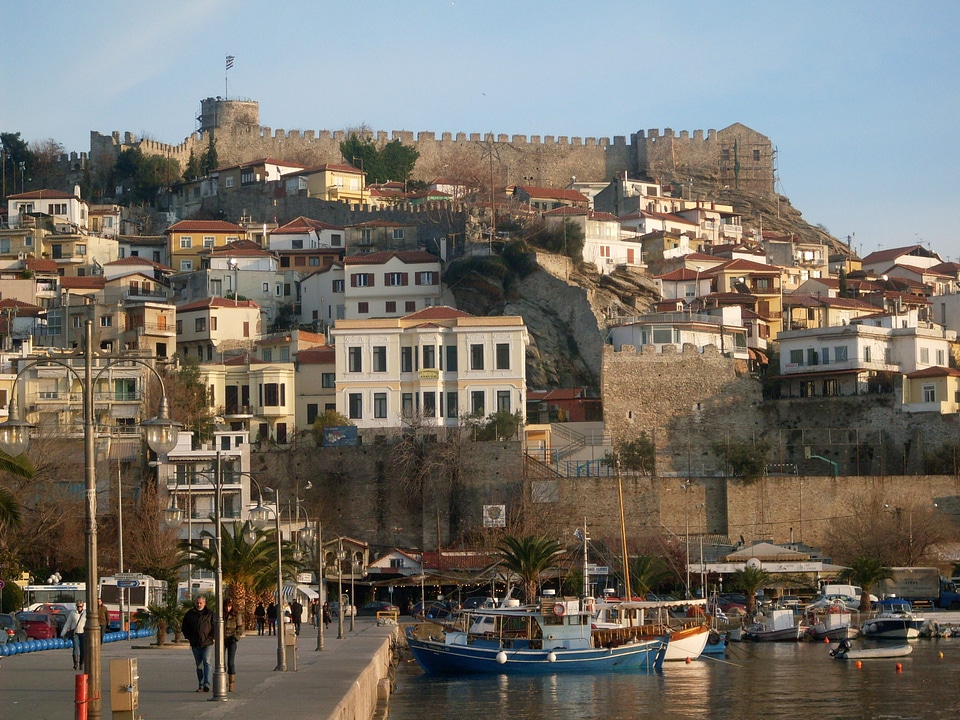 View to the old town with the Byzantine fortress in Kavala, Greece