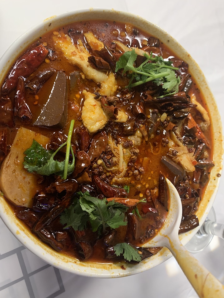 Chinese Sichuan dish of Spam, blood, and Tripe