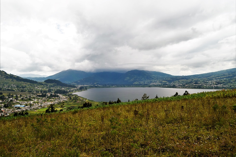 Heavy clouds over the lake scenic landscape in Otavalo