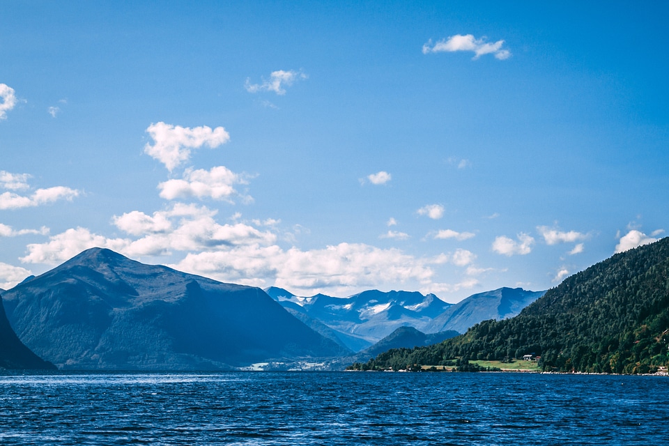 Landscapes with fjords and Mountains and shoreline