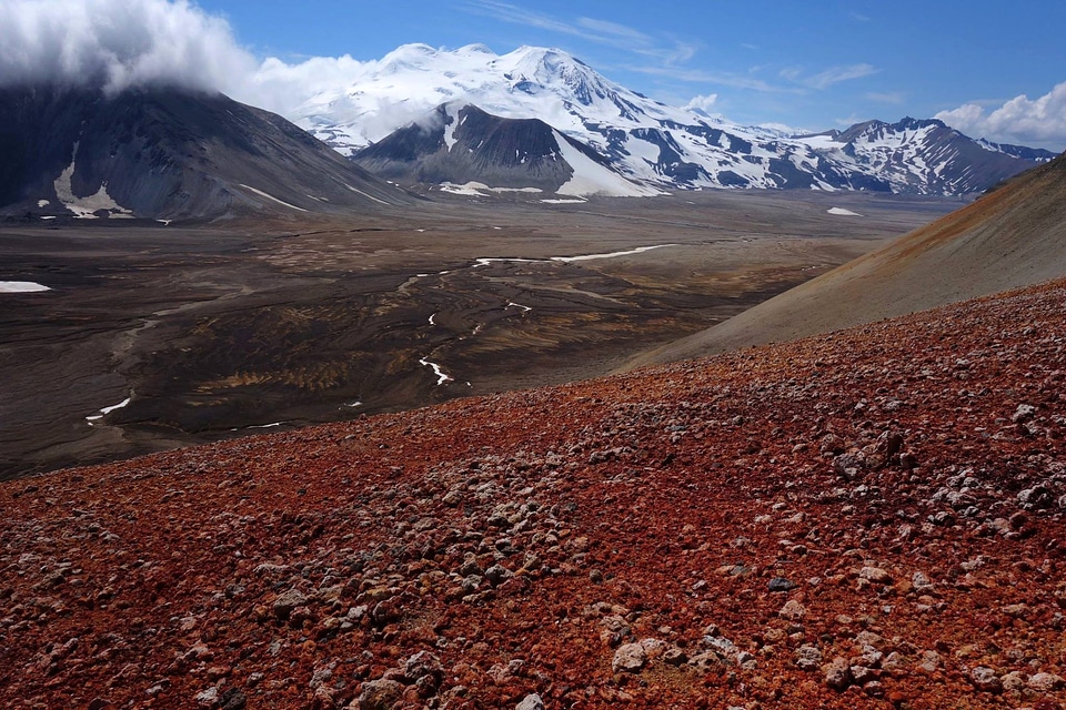Landscape and snow-capped mountains