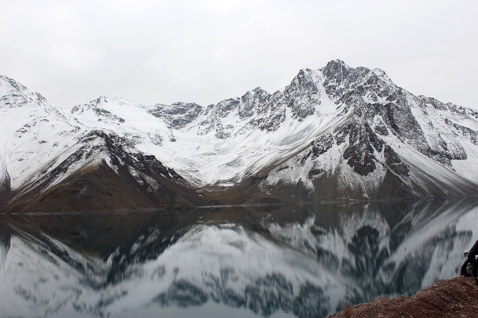 Mountains covered in snow with reflections and pond