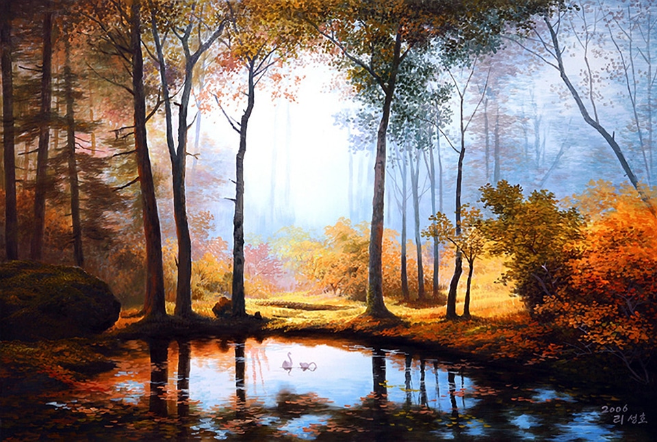 Painting of forest and pond