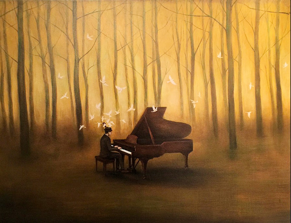 Playing Piano in the deep wood waterpainting