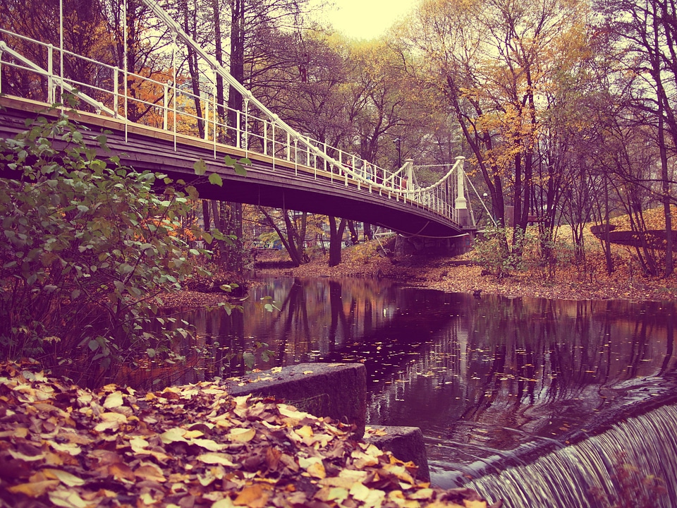 Autumn with bridge over a creek in Norway