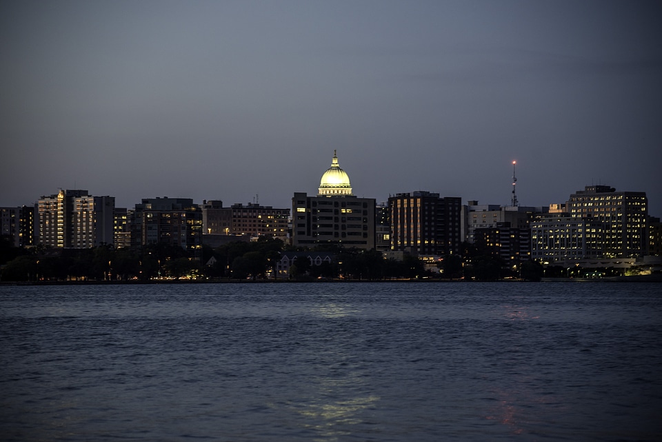 Closeup Skyline of the city of Madison at night