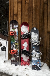 Snowboards standing on the wall