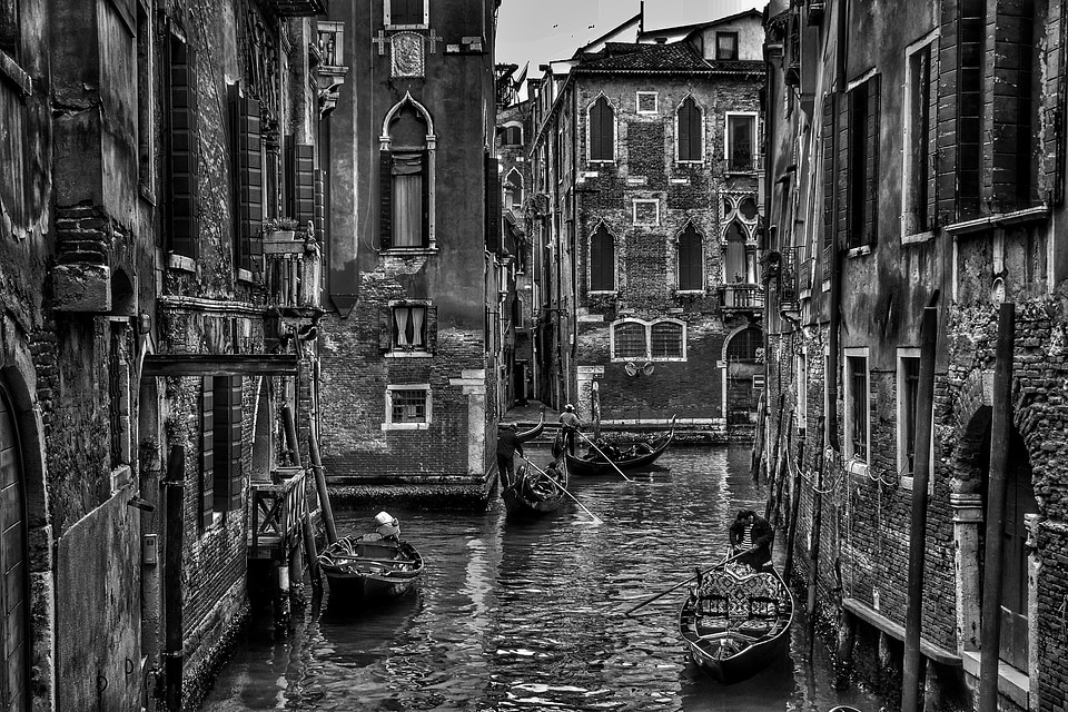 Black and White Photo of the channels of venice