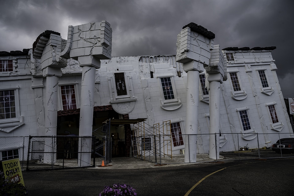 Broken down buildings of the upside down top secret house in Wisconsin Dells