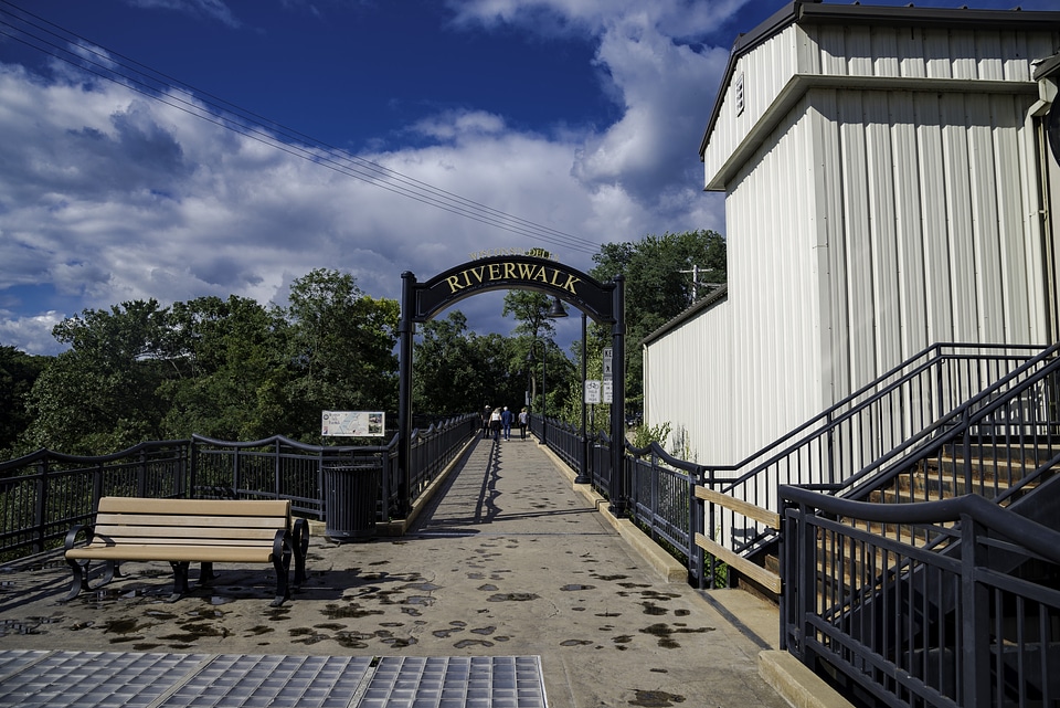 Entrance to the Riverwalk under the sky and clouds
